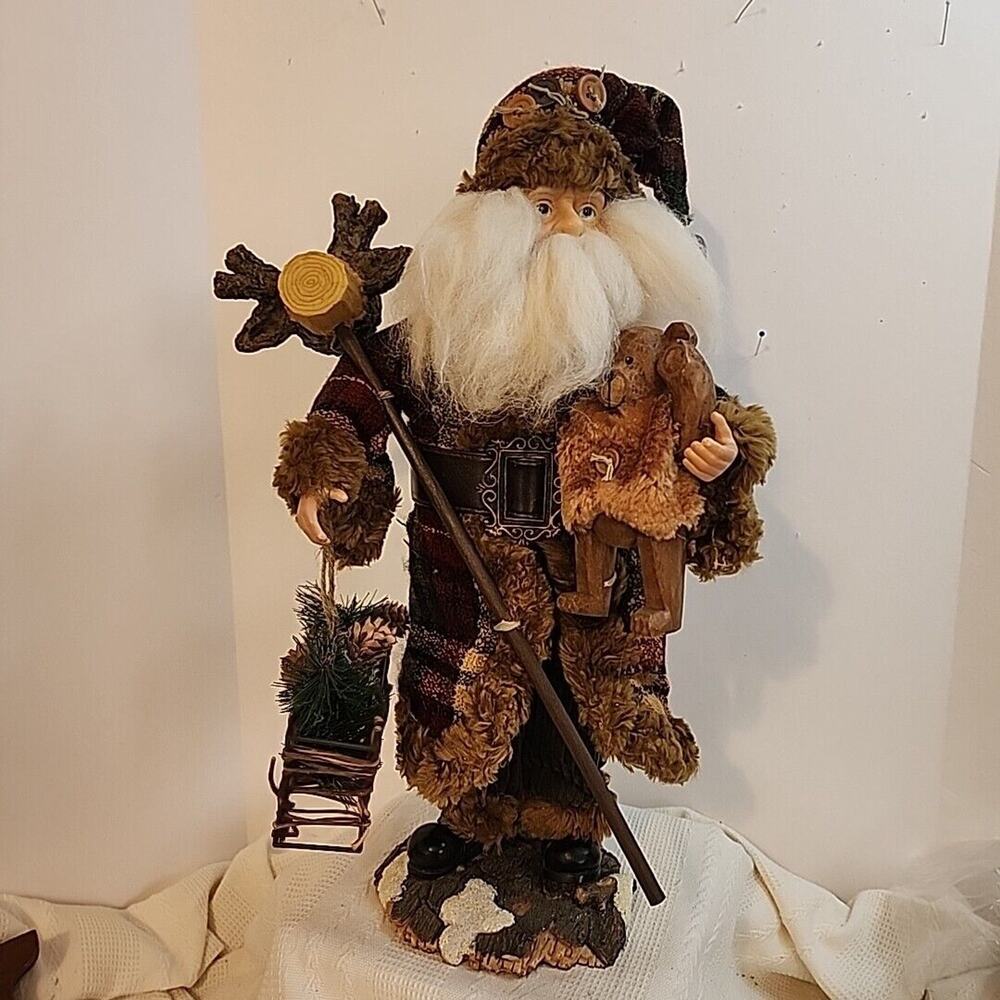 Old World Folk Art plaid SANTA CLAUS Christmas figure w/ bear star & moose 16"